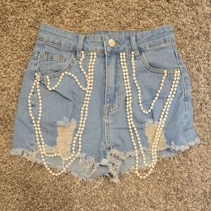 SHEIN Blue Jean Shorts with Pearl Details